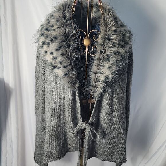 Vintage Y2k Faux Fur Collar Wool Blend Open Tie Cardigan...